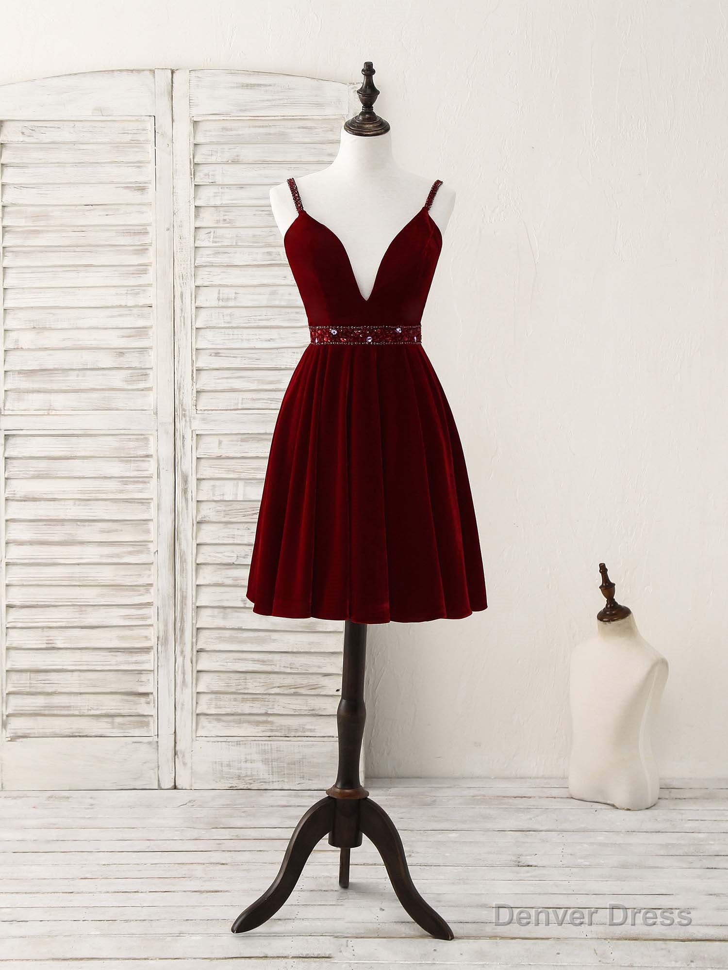 Burgundy V Neck Velvet Short Prom Dress, Burgundy Homecoming Dresses