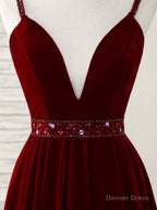 Burgundy V Neck Velvet Short Prom Dress, Burgundy Homecoming Dresses