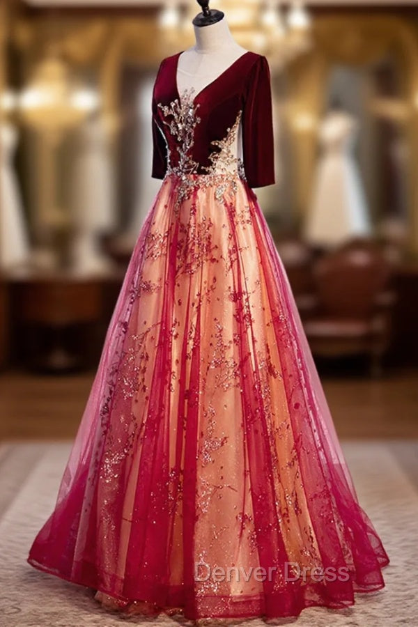 Burgundy V-Neck Velvet Tulle Long Prom Dresses, A-Line 1/2 Sleeve Evening Dresses Secondary image