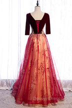 Burgundy V-Neck Velvet Tulle Long Prom Dresses, A-Line 1/2 Sleeve Evening Dresses