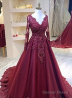 Burgundy V Neckline Tulle Long Sleeves With Lace Prom Dress, Burgundy Wedding Prom Dresses