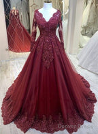 Burgundy V-Neckline Tulle Long Sleeves With Lace Prom Dress, Burgundy Wedding Party Dress