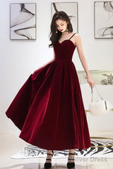 Burgundy Velvet A-Line Prom Dresses, Burgundy Evening Dresses