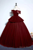 Burgundy Velvet And Tulle Long Prom Dress, A Line Off The Shoulder Prom Dresses