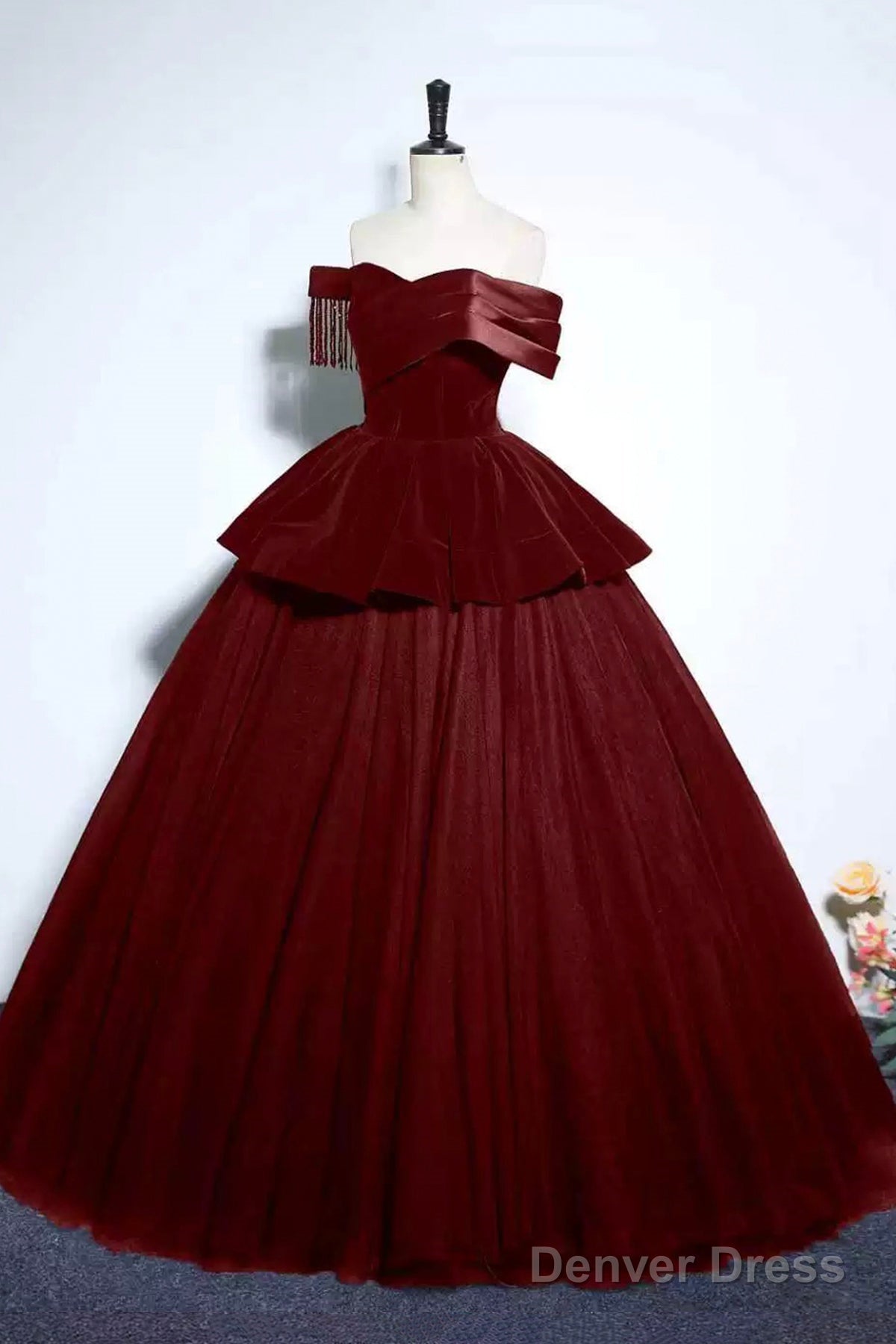 Burgundy Velvet And Tulle Long Prom Dress, A Line Off The Shoulder Prom Dresses