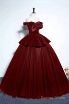 Burgundy Velvet And Tulle Long Prom Dress, A Line Off The Shoulder Prom Dresses