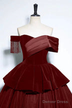 Burgundy Velvet And Tulle Long Prom Dress, A Line Off The Shoulder Prom Dresses