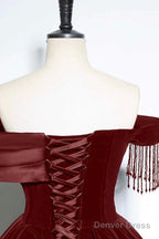 Burgundy Velvet And Tulle Long Prom Dress, A Line Off The Shoulder Prom Dresses