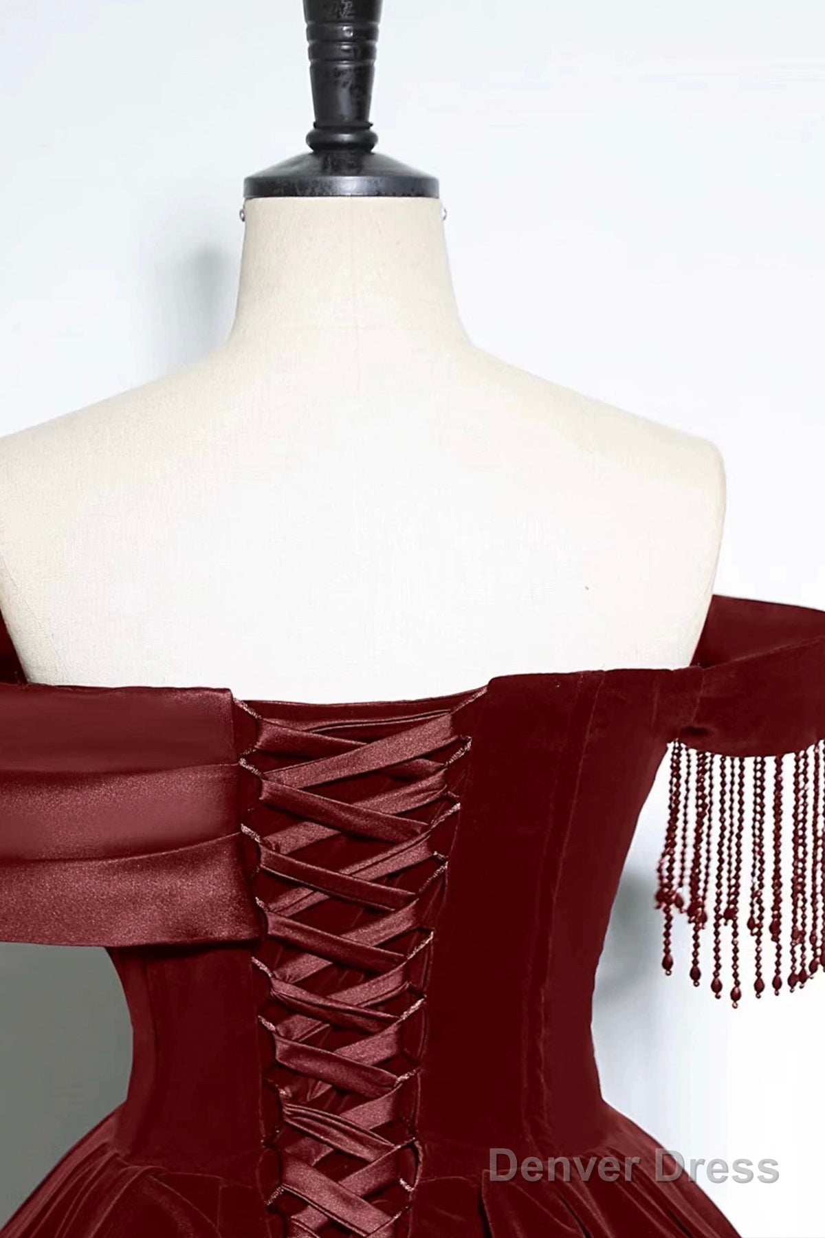 Burgundy Velvet And Tulle Long Prom Dress, A Line Off The Shoulder Prom Dresses