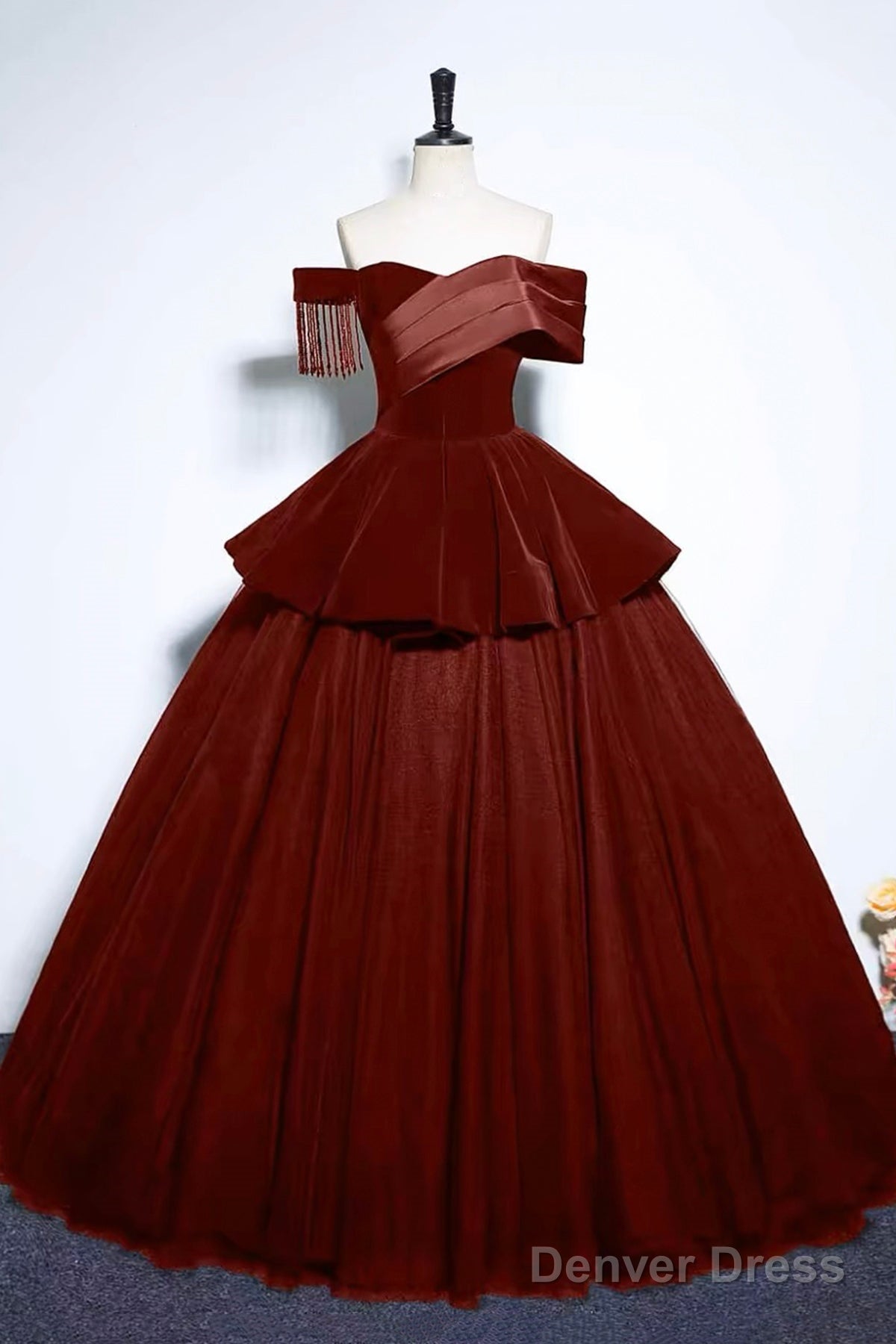 Burgundy Velvet And Tulle Long Prom Dress, A Line Off The Shoulder Prom Dresses Main image