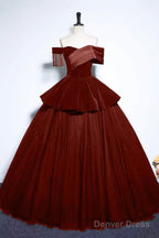 Burgundy Velvet And Tulle Long Prom Dress, A Line Off The Shoulder Prom Dresses