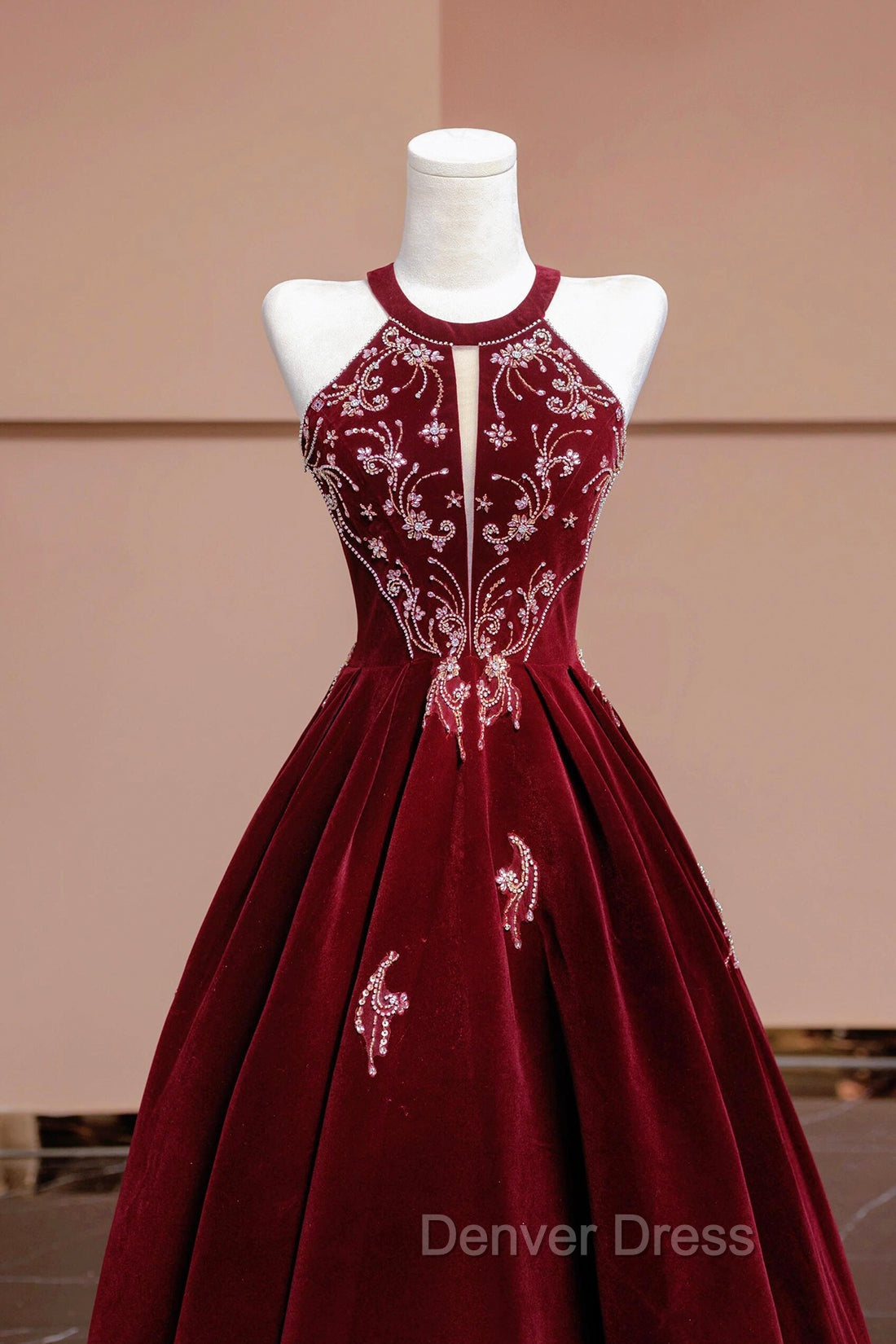 Burgundy Velvet Beaded Long Prom Dresses, Elegant A-Line Evening Party Dresses Secondary image