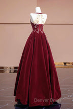 Burgundy Velvet Beaded Long Prom Dresses, Elegant A-Line Evening Party Dresses