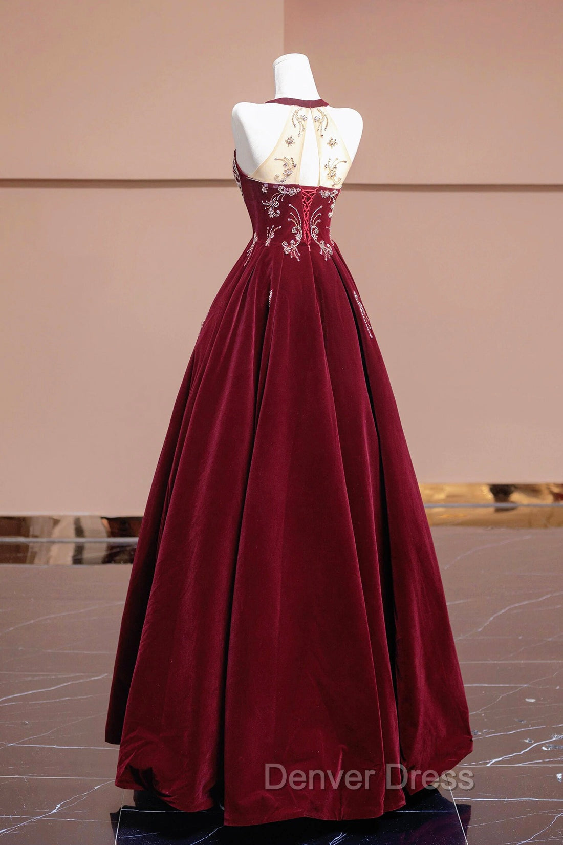 Burgundy Velvet Beaded Long Prom Dresses, Elegant A-Line Evening Party Dresses