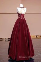 Burgundy Velvet Beaded Long Prom Dress, Elegant A Line Prom Dresses