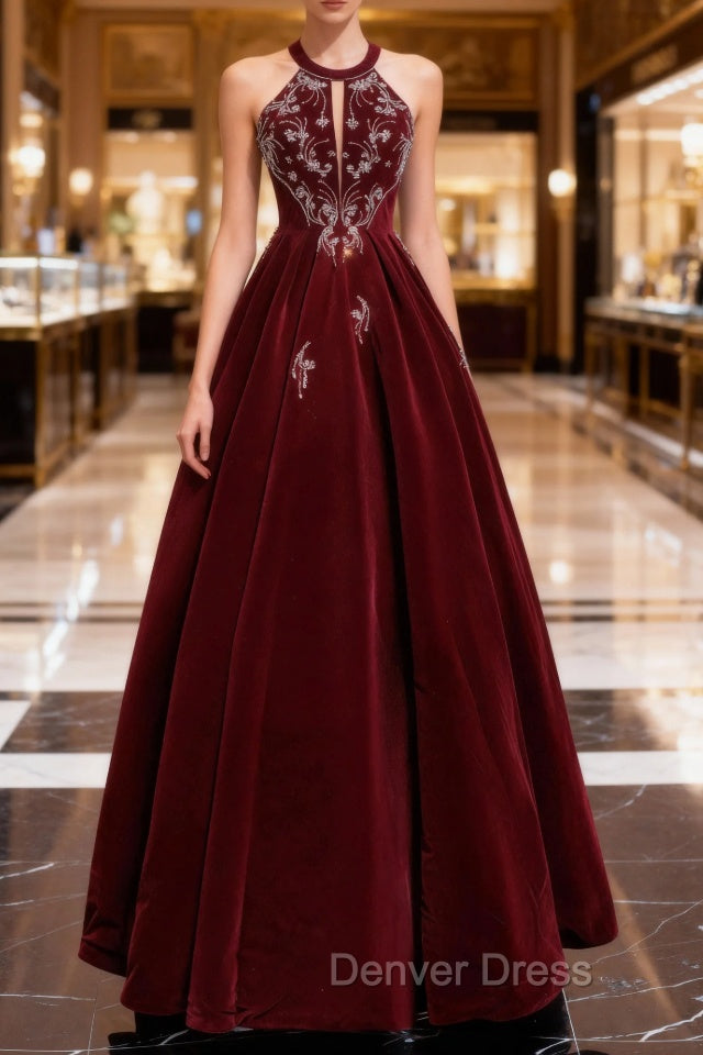 Burgundy Velvet Beaded Long Prom Dresses, Elegant A-Line Evening Party Dresses Main image