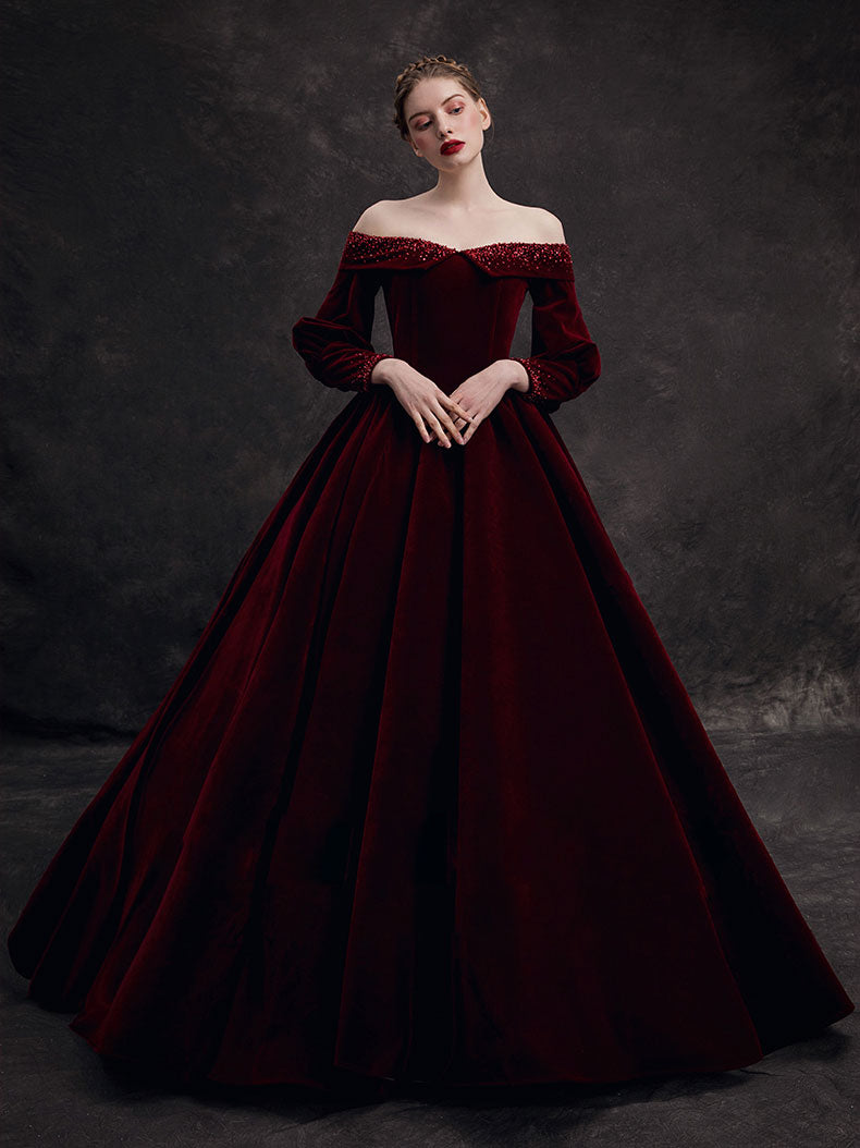 Burgundy Velvet Beads Long Prom Dresses, Burgundy Evening Dresses Secondary image