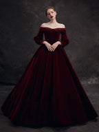 Burgundy Velvet Beads Long Prom Dresses, Burgundy Evening Dresses