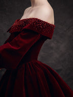 Burgundy Velvet Beads Long Prom Dresses, Burgundy Evening Dresses