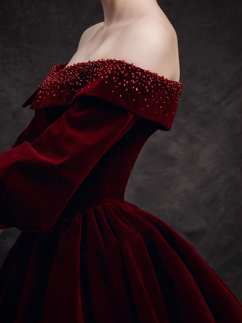 Burgundy Velvet Beads Long Prom Dresses, Burgundy Evening Dresses