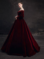 Burgundy Velvet Beads Long Prom Dresses, Burgundy Evening Dresses