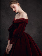 Burgundy Velvet Beads Long Prom Dresses, Burgundy Evening Dresses