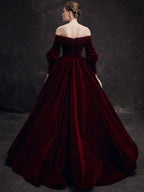 Burgundy Velvet Beads Long Prom Dresses, Burgundy Evening Dresses