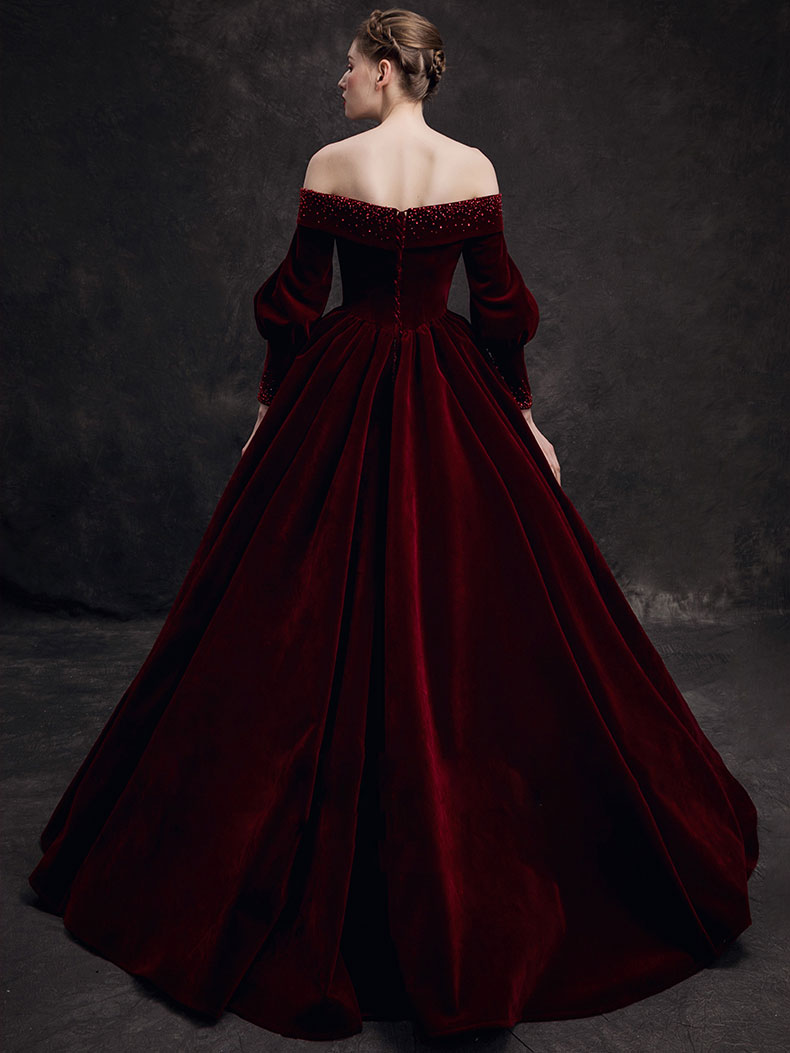 Burgundy Velvet Beads Long Prom Dresses, Burgundy Evening Dresses