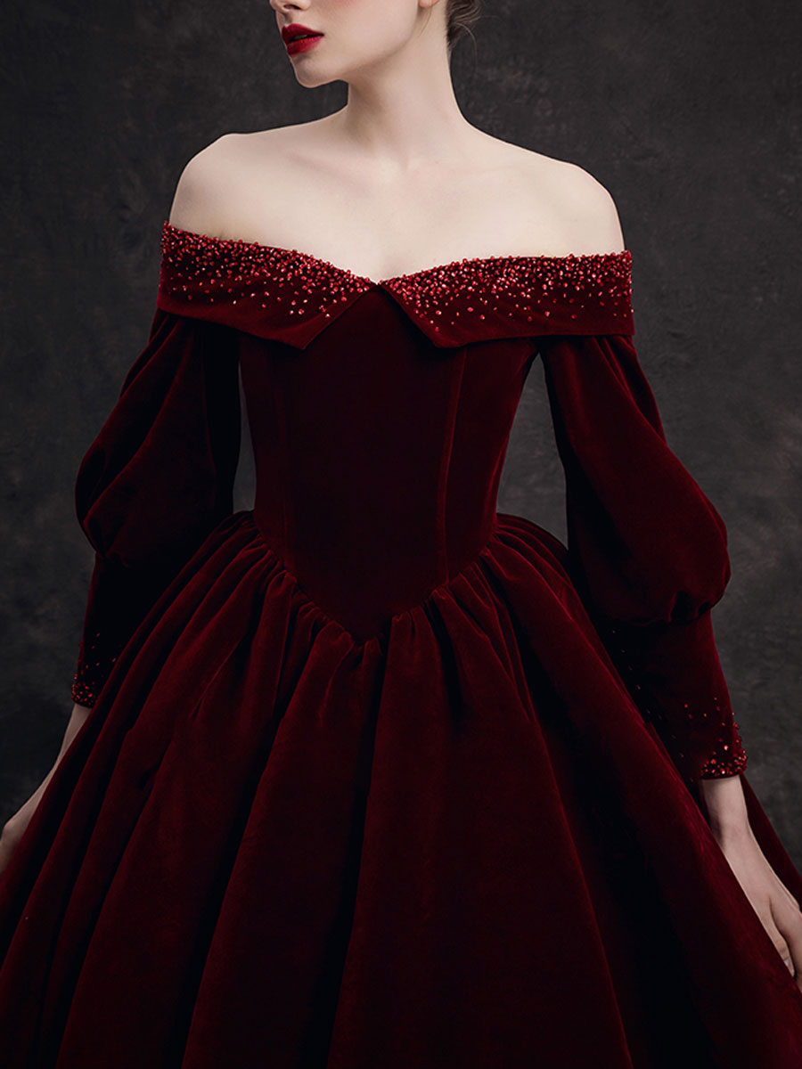 Burgundy Velvet Beads Long Prom Dresses, Burgundy Evening Dresses Main image