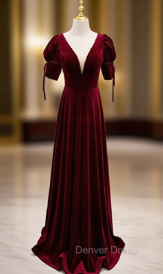 Burgundy Velvet Dee V-neck Short Sleeve Prom Dresses