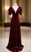 Burgundy Velvet Dee V-neck Short Sleeve Prom Dresses