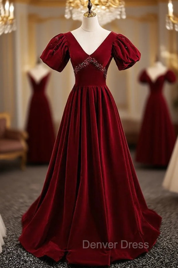 Burgundy Velvet Deep V-neck Backless Crystal Prom Dresses Main image