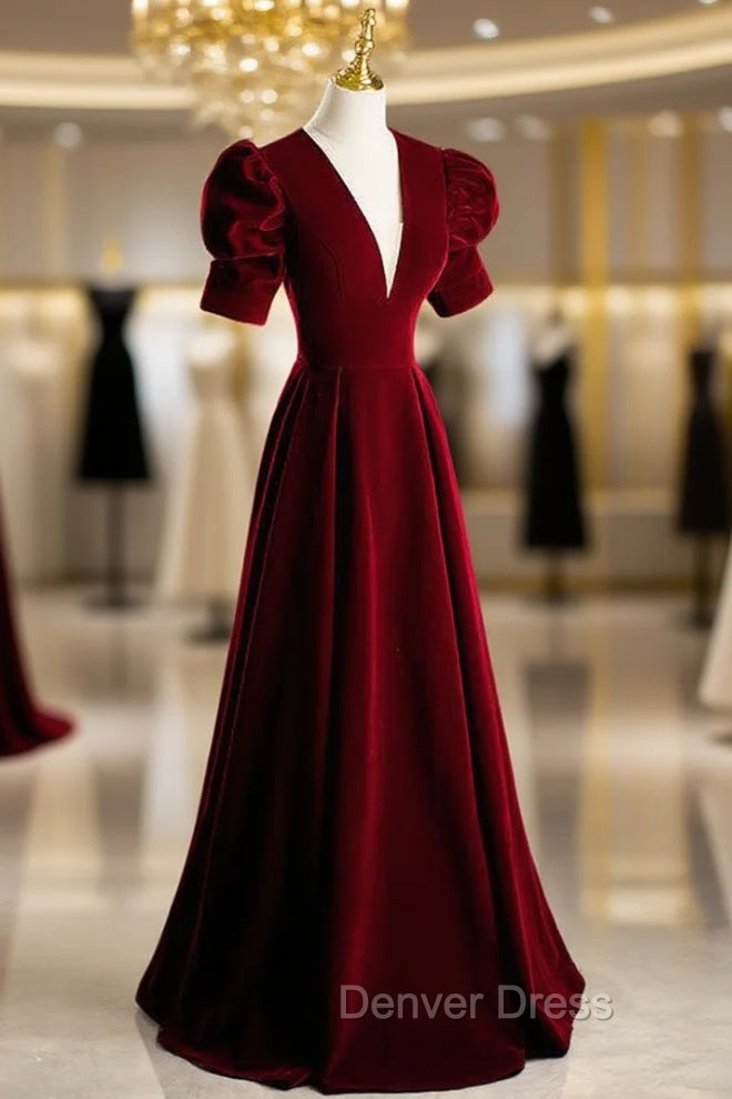 Burgundy Velvet Deep V-neck Puff Sleeve Prom Dresses Main image