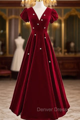 Burgundy Velvet Deep V-neck Short Sleeve Prom Dresses