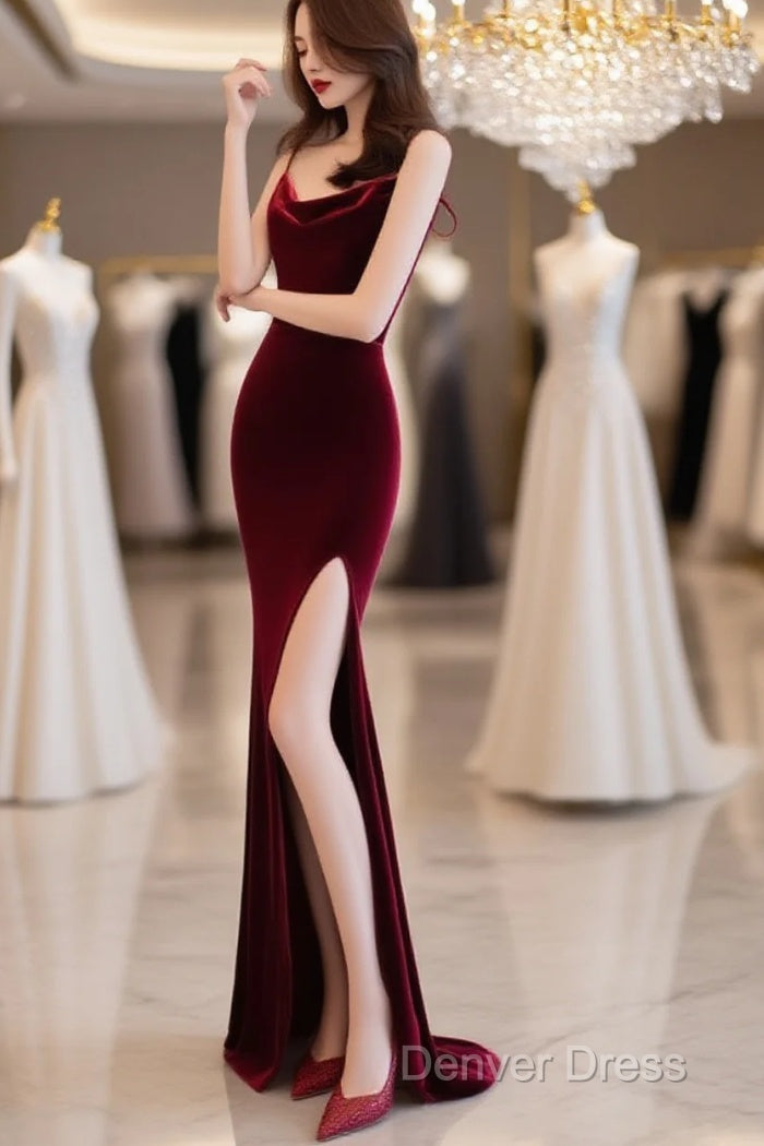 Burgundy Velvet Floor Length Mermaid Prom Dress, Velvet Bridesmaid Dresses Main image