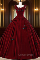 Burgundy Velvet Floor Length Prom Dresses, A-Line Evening Party Dresses With Flowers