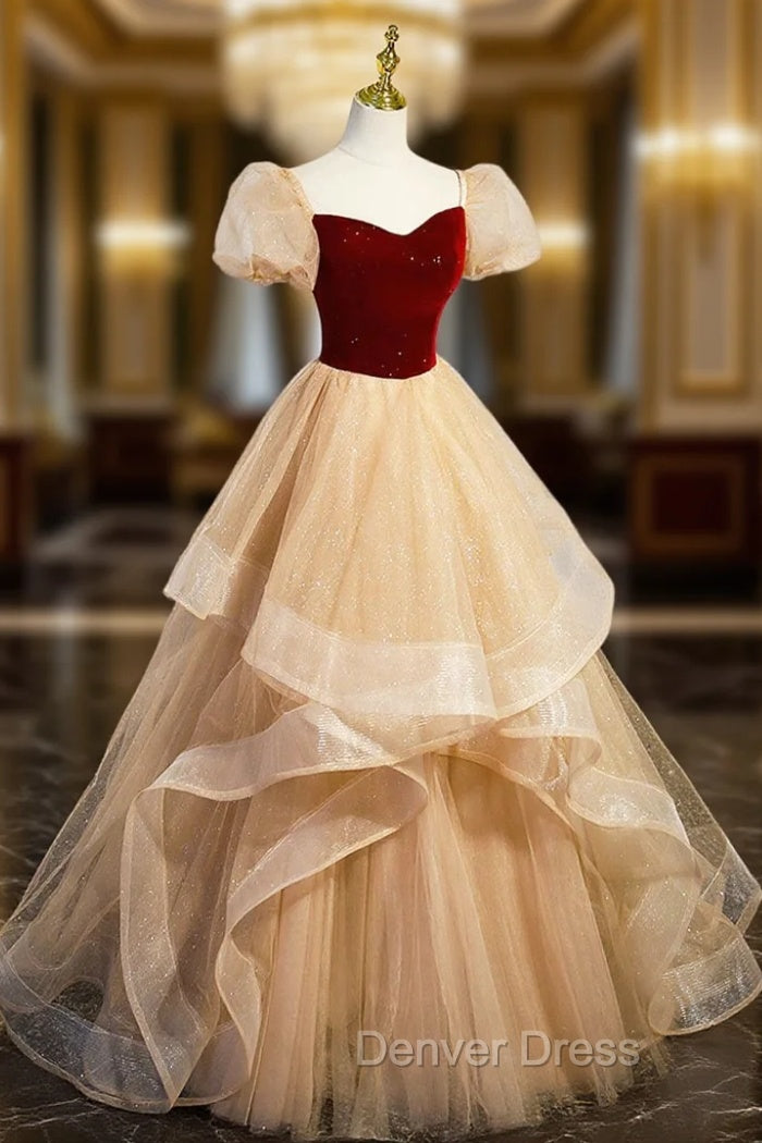 Burgundy Velvet Glitter Cascading Ruffles Prom Dresses, Champagne Tulle Floor Length Evening Dresses