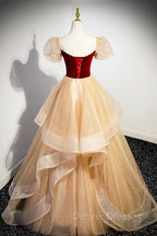 Burgundy Velvet Glitter Cascading Ruffles Prom Dress, Champagne Tulle Floor Length Prom Dresses