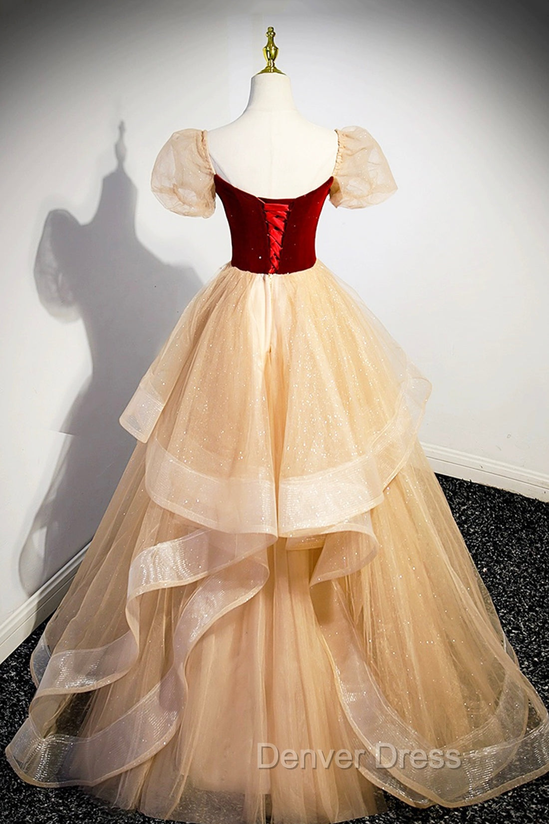 Burgundy Velvet Glitter Cascading Ruffles Prom Dress, Champagne Tulle Floor Length Prom Dresses