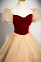 Burgundy Velvet Glitter Cascading Ruffles Prom Dress, Champagne Tulle Floor Length Prom Dresses