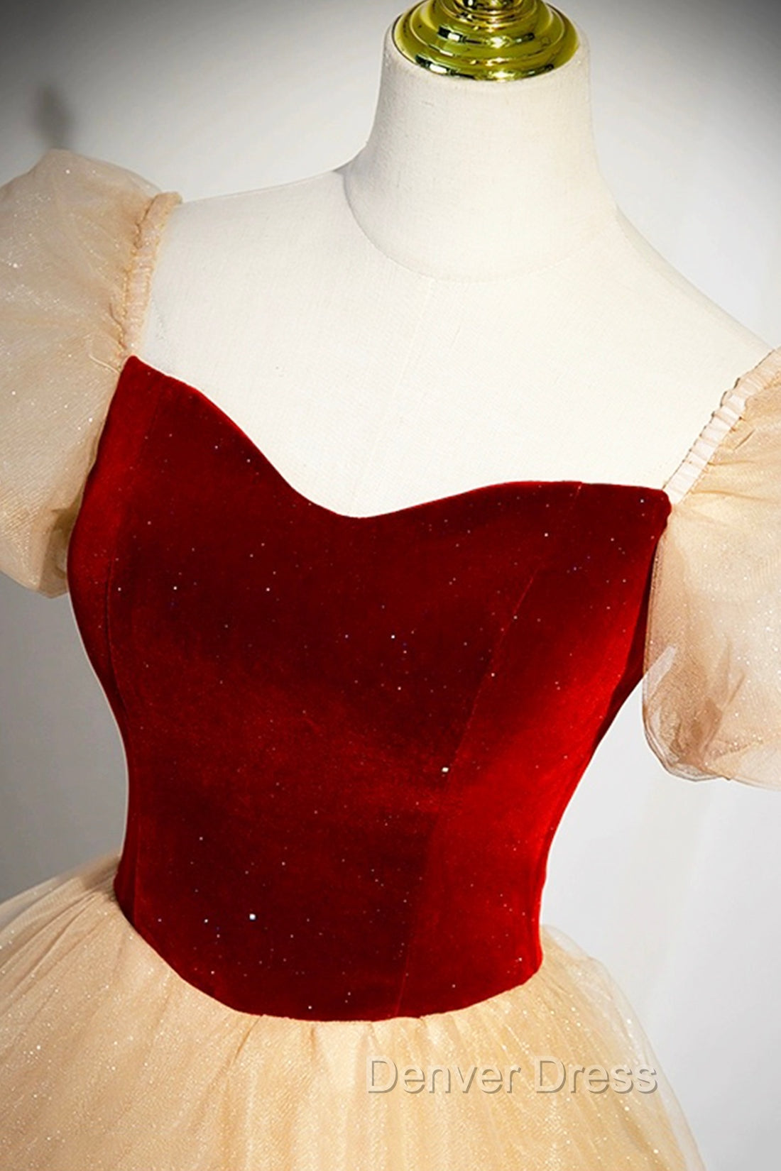 Burgundy Velvet Glitter Cascading Ruffles Prom Dresses, Champagne Tulle Floor Length Evening Dresses