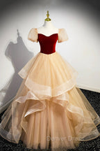 Burgundy Velvet Glitter Cascading Ruffles Prom Dress, Champagne Tulle Floor Length Prom Dresses