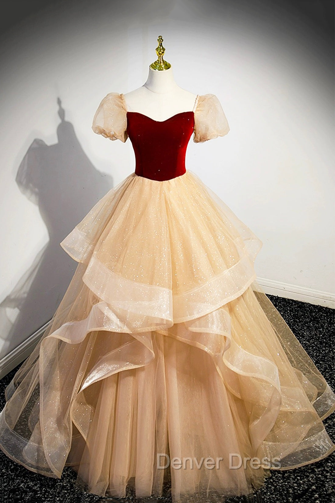 Burgundy Velvet Glitter Cascading Ruffles Prom Dress, Champagne Tulle Floor Length Prom Dresses