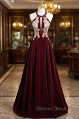 Burgundy Velvet Halter Beading Sequins Prom Dresses