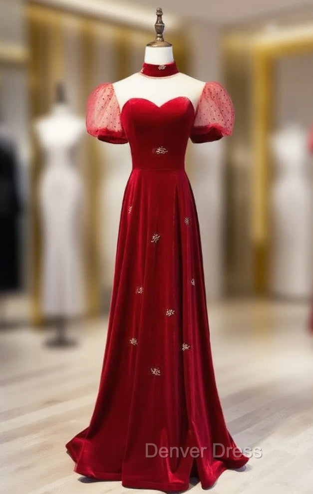 Burgundy Velvet High Neck Puff Sleeve Prom Dresses