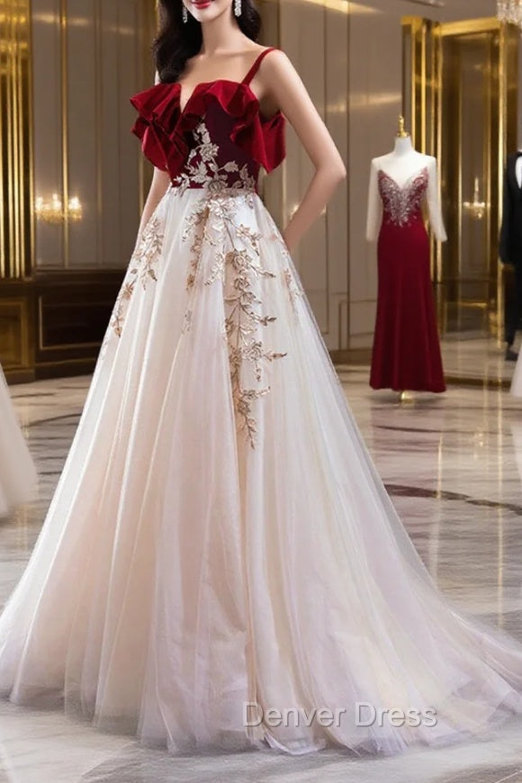 Burgundy Velvet Lace Long Prom Dress, A Line Off Shoulder Prom Dresses