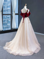 Burgundy Velvet Lace Long Prom Dress, A Line Off Shoulder Prom Dresses