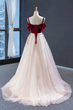 Burgundy Velvet Lace Long Prom Dress, A Line Off Shoulder Prom Dresses