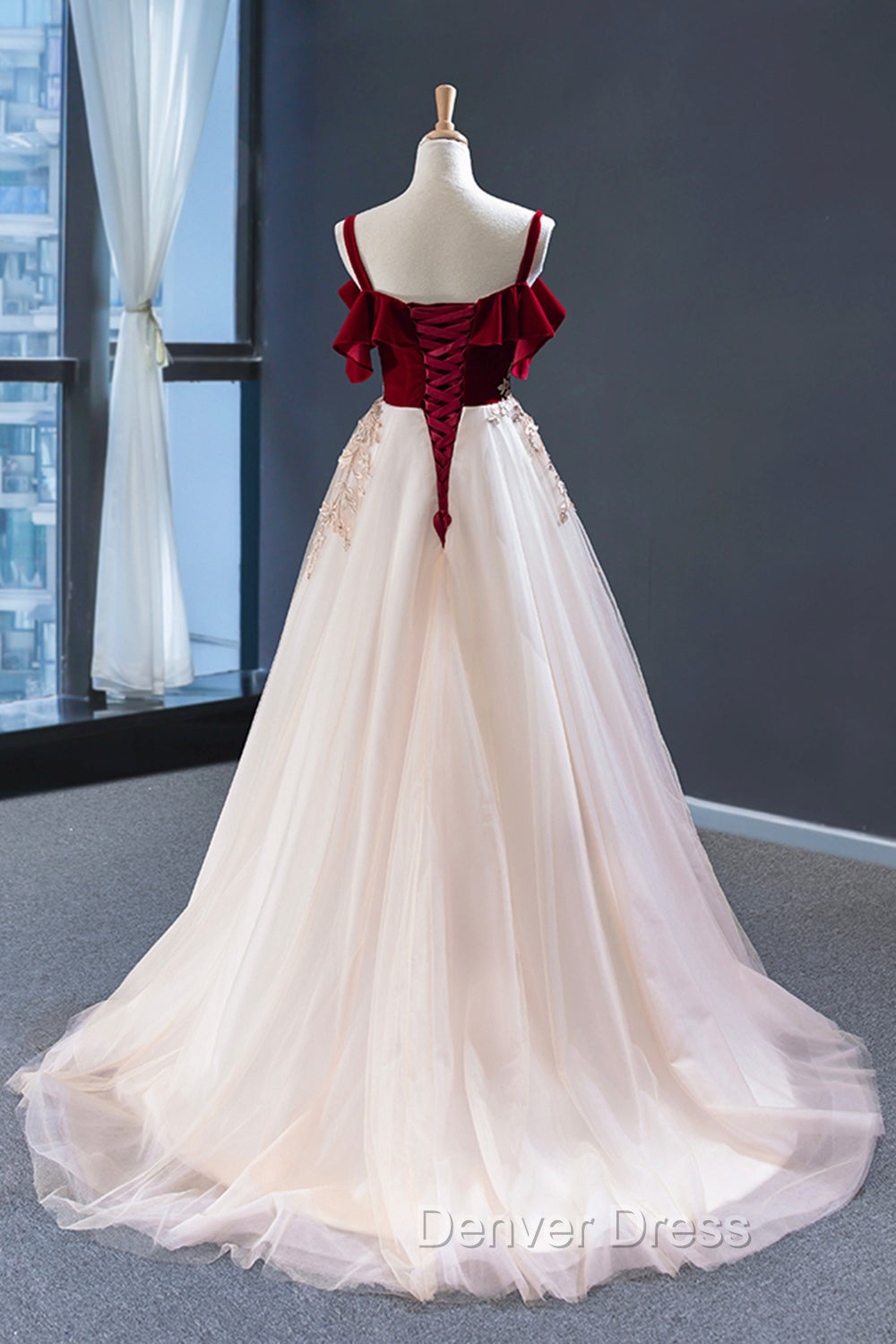 Burgundy Velvet Lace Long Prom Dress, A Line Off Shoulder Prom Dresses