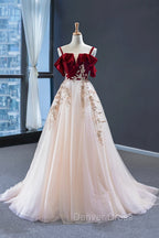 Burgundy Velvet Lace Long Prom Dress, A Line Off Shoulder Prom Dresses